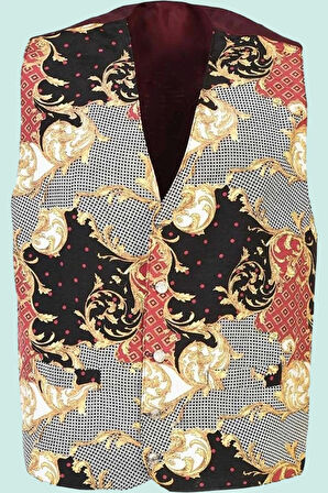 Barok Desenli Astarli Garson Yeleği Astarlı İki Cepli Şal Şık Fonksiyonel Hizmet Sektörü Kıyafeti