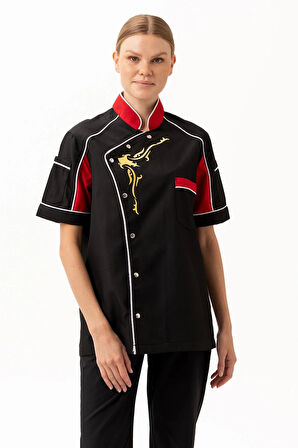 Aşçı Ceketi Kisa Kollu SiyahKırmızı 75 Polyester Evereste Şef Nefes Alabilir Hafif Şık Tasarım