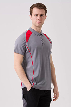 Polo Yaka Tişört GriKırmızı Detaylar İş Güvenliği Vancelya shirt Nefes Alabilir Şık Rahat Günlük