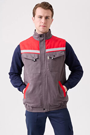 Kışlık İş Yeleği GriKırmızı Gabardin Çok Cepli Royal Sıcak Tutucu Rüzgar Geçirmez Reflektörlü