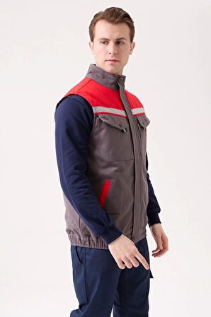 Kışlık İş Yeleği GriKırmızı Gabardin Çok Cepli Royal Sıcak Tutucu Rüzgar Geçirmez Reflektörlü