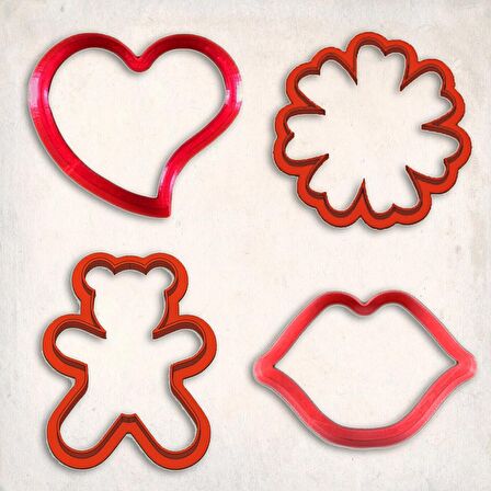 Aşk Kurabiye Kalıp Set 4'lü - Kalp, Çiçek, Dudak, Ayıcık