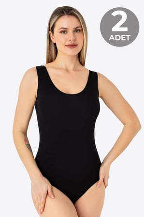 Delux Serisi İç Giyim İkili Set Siyah Body Çıtçıtlı Atlet 2'li