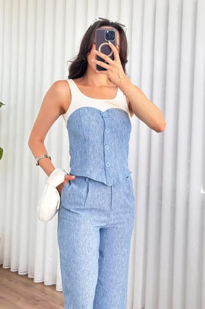 Keten Görünümlü Düğmeli Büstiyer ve Bol Paça Pantolon İkili Takım