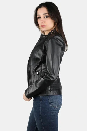 Welsei Kadın Hakiki Kuzu Derisi Deri Ceket Siyah Slim Fit Dik Yaka Fermuarlı Günlük Şık Mont