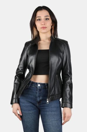 Welsei Kadın Hakiki Kuzu Derisi Deri Ceket Siyah Slim Fit Dik Yaka Fermuarlı Günlük Şık Mont