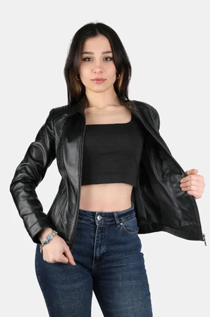 Welsei Kadın Hakiki Kuzu Derisi Deri Ceket Siyah Slim Fit Dik Yaka Fermuarlı Günlük Şık Mont