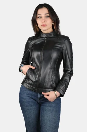 Welsei Kadın Hakiki Kuzu Derisi Deri Ceket Siyah Slim Fit Dik Yaka Fermuarlı Günlük Şık Mont