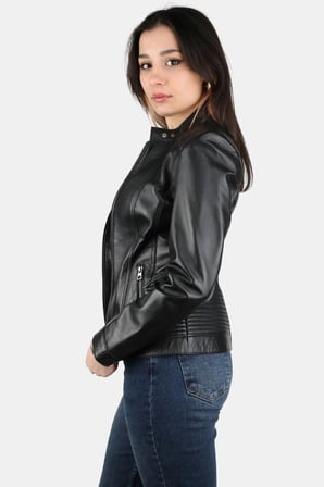 Welsei Kadın Hakiki Kuzu Derisi Deri Ceket Siyah Slim Fit Dik Yaka Fermuarlı Günlük Şık Mont