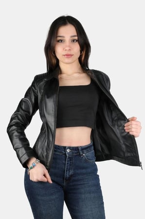 Welsei Kadın Hakiki Kuzu Derisi Deri Ceket Siyah Slim Fit Dik Yaka Fermuarlı Günlük Şık Mont