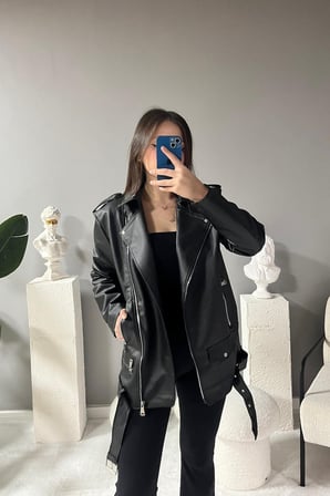 Prifaldi YENİ SEZON Oversize Uzun Kadın SİYAH Deri Ceket 