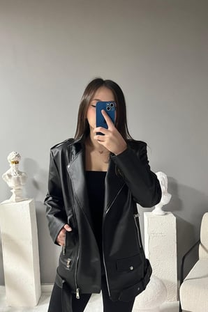 Prifaldi Uzun Oversize  Kadın SİYAH Deri Ceket 