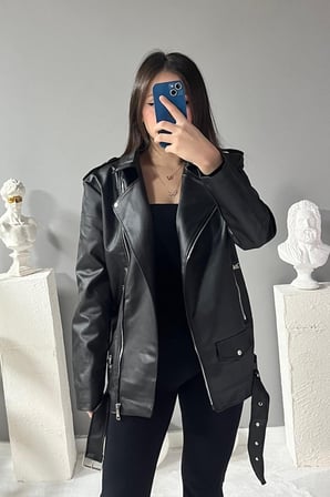 Prifaldi Uzun Oversize  Kadın SİYAH Deri Ceket 