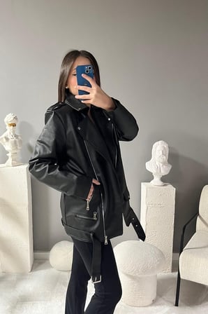 Prifaldi Uzun Oversize  Kadın SİYAH Deri Ceket 