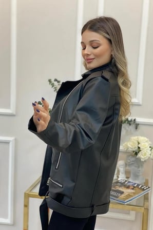 Prifaldi Uzun Oversize SİYAH Kadın Deri Ceket 