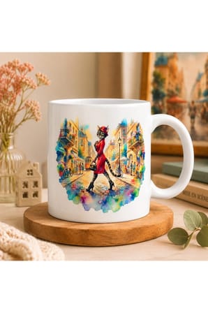 Şık Kedi Kadın Tasarımlı Seramik Kupa Bardak 300 ml | Çift Taraflı Baskı | Kedi Severlere Özel Kahve Kupası | Watercolor Sanat Tasarımı