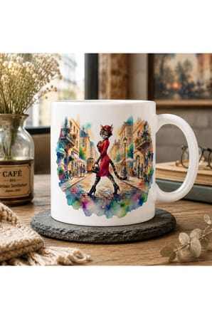 Şık Kedi Kadın Tasarımlı Seramik Kupa Bardak 300 ml | Çift Taraflı Baskı | Kedi Severlere Özel Kahve Kupası | Watercolor Sanat Tasarımı