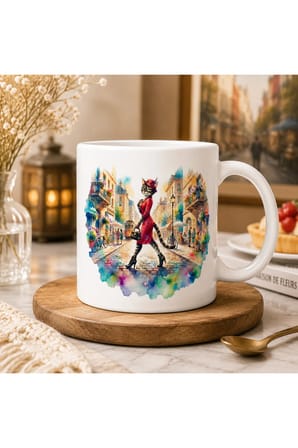 Şık Kedi Kadın Tasarımlı Seramik Kupa Bardak 300 ml | Çift Taraflı Baskı | Kedi Severlere Özel Kahve Kupası | Watercolor Sanat Tasarımı