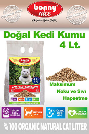 Yavru/Yetişkin Kediler için %100 Biyobozunur - Astımlı ve Alerjik için Doğal Çam Peleti Kedi Kumu 2 Kg 4 Lt.