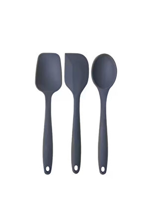 Büyük Boy Yanmaz Silikon Düz, Yassı, Kaşık Spatula Seti 3 Parça - Spatula Kaşık Antrasit 3 Adet