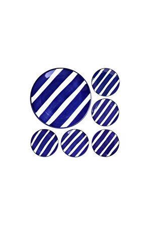 6'lı Özel Tasarım Handmade 21cm Seramik Pasta Tabak Seti 21 Cm Mavi Tatlı Tabağı