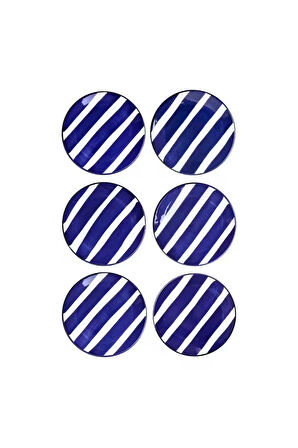 6'lı Özel Tasarım Handmade 21cm Seramik Pasta Tabak Seti 21 Cm Mavi Tatlı Tabağı