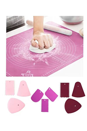 2 Li Set 45x65 Cm Silikon Hamur Açma Matı Ve 3'lü Hamur Kesici Kazıyıcı Dekoratör Set