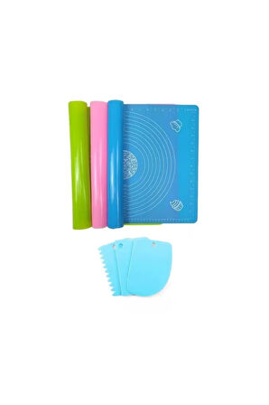 2 Li Set 45x65 Cm Silikon Hamur Açma Matı Ve 3'lü Hamur Kesici Kazıyıcı Dekoratör Set