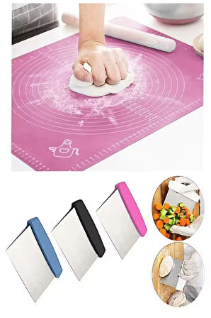 Büyük Boy 45x65 Cm Silikon Hamur Açma Matı Ve Hamur Kesme Spatula Seti
