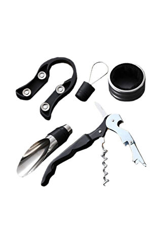 Şarap Açacağı 5 Parçalı Set, Tirbuşon, Damlama Halkası, Şarap Dökücü, Şişe Açacağı ve Folyo Kesici