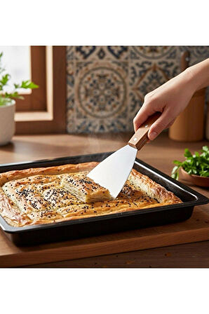 Paslanmaz Çelik Ahşap Saplı Üçgen Şekilli Açılı Hamur Pasta Börek Kesici Kazıyıcı Spatula 1 Adet
