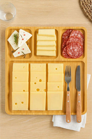 Bambu Sunum Ve Kahvaltı Tabağı, Steak Sunum Tabağı Büyük Boy Bambu Tabak 4 Bölmeli