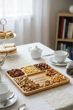 Bambu Sunum Ve Kahvaltı Tabağı, Steak Sunum Tabağı Büyük Boy Bambu Tabak 4 Bölmeli