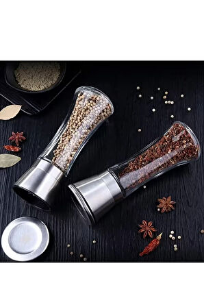 Cam Gövdeli Metal Krom Renk Kapaklı Tuz Karabiber Değirmeni Tuz Karabiber Öğütücü 19 Cm 2 Adet