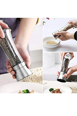 Cam Gövdeli Metal Krom Renk Kapaklı Tuz Karabiber Değirmeni Tuz Karabiber Öğütücü 19 Cm 2 Adet