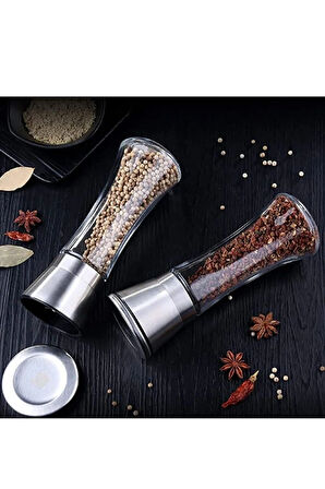Cam Gövdeli Metal Krom Renk Kapaklı Tuz Karabiber Değirmeni Tuz Karabiber Öğütücü 19 Cm 2 Adet