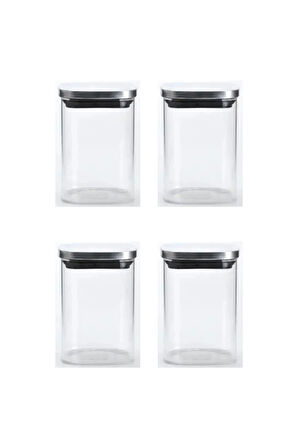 Vakum Krom Kapaklı Kare Cam Kavanoz 6,5x10,5 Cm - 300 Ml Cam Baharatlık Saklama Kabı 4 Adet