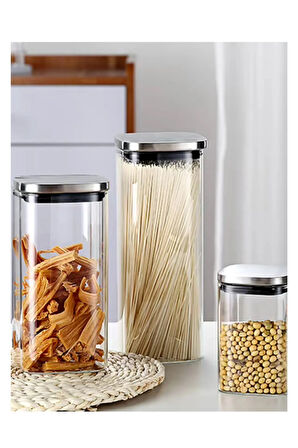 Vakum Krom Kapaklı Kare Cam Kavanoz 6,5x15,5 Cm - 450 Ml Cam Baharatlık Saklama Kabı 3 Adet