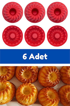 Kırmızı 6'lı Silikon Mini Kek Kalıbı - Muffin Kalıbı 6 Adet Göbekli Kek Kalıbı