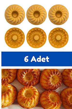 Sarı 6'lı Silikon Mini Kek Kalıbı - Muffin Kalıbı 6 Adet Göbekli Kek Kalıbı