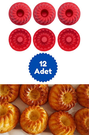 Kırmızı 12'li Silikon Mini Kek Kalıbı - Muffin Kalıbı 12 Adet Göbekli c