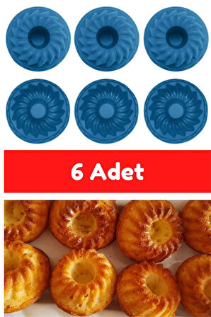 Mavi 6'lı Silikon Mini Kek Kalıbı - Muffin Kalıbı 6 Adet Göbekli Kek Kalıbı