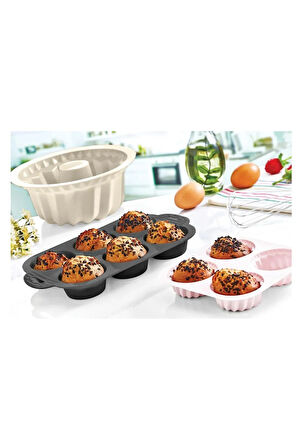 Tek Parça Mor 6'lı Silikon Mini Kek Kalıbı - Muffin Kalıbı 6 Lı Kalıp Göbekli Kek Kalıbı 24 X 16 Cm