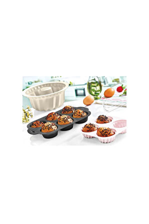 Tek Parça Antrasit 6'lı Silikon Mini Kek Kalıbı - Muffin Kalıbı 6lı Kalıp Göbekli Kek Kalıbı 24x16cm