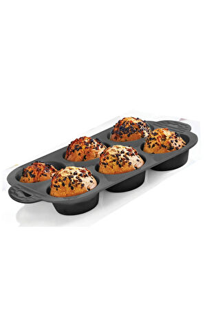 Tek Parça Antrasit 6'lı Silikon Mini Kek Kalıbı - Muffin Kalıbı 6lı Kalıp Göbekli Kek Kalıbı 24x16cm