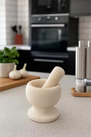 Doğal Desenli Yekpare Mermer Oyma Havan Beyaz Renkli Ayaklı