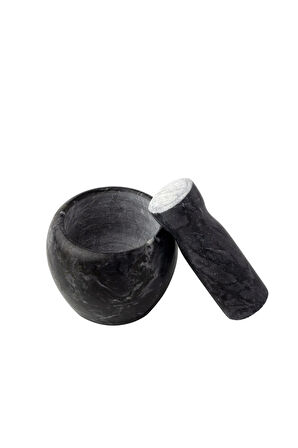 Doğal Desenli Yekpare Mermer Oyma Havan Siyah Renkli Düz Model