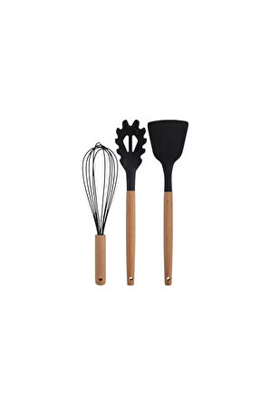Siyah Bambu Saplı Silikon Servis Seti 6 Adet, Kepçe, Kaşık, Kevgir, Makarna, Açılı Spatula, Çırpıcı