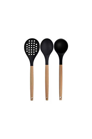 Siyah Bambu Saplı Silikon Servis Seti 6 Adet, Kepçe, Kaşık, Kevgir, Makarna, Açılı Spatula, Çırpıcı