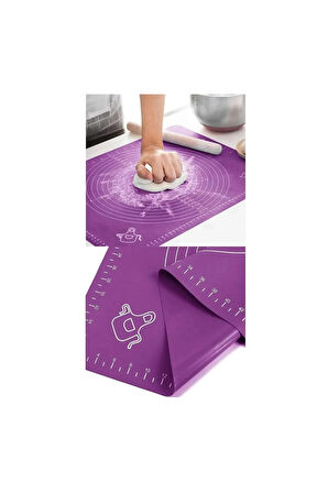 2'li Set Mor 45x65 cm Silikon Hamur Açma Matı Ve Çelik Spatula Hamur Kesici Set